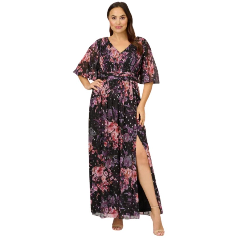 PLUS SIZE FLORAL-PRINT/METALLIC CHIFFON LONG FIT-AND-FLARE DRESS IN BLACK MULTI